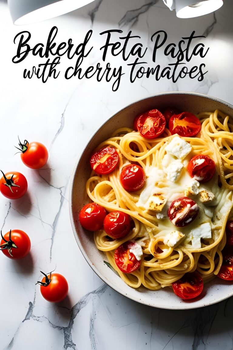 A delectable serving of Baked Feta Pasta with Cherry Tomatoes, garnished with fresh basil.