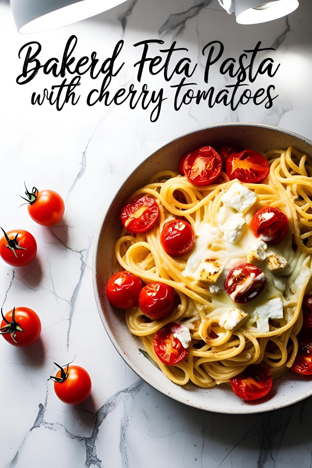 A delectable serving of Baked Feta Pasta with Cherry Tomatoes, garnished with fresh basil.
