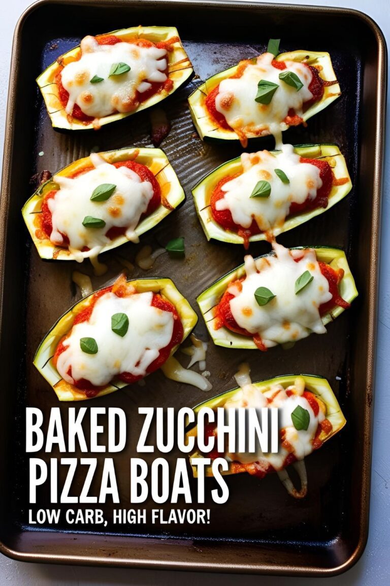 Close-up of baked zucchini pizza boats topped with melted cheese and pepperoni on a baking tray