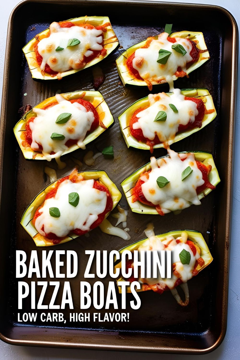 Close-up of baked zucchini pizza boats topped with melted cheese and pepperoni on a baking tray