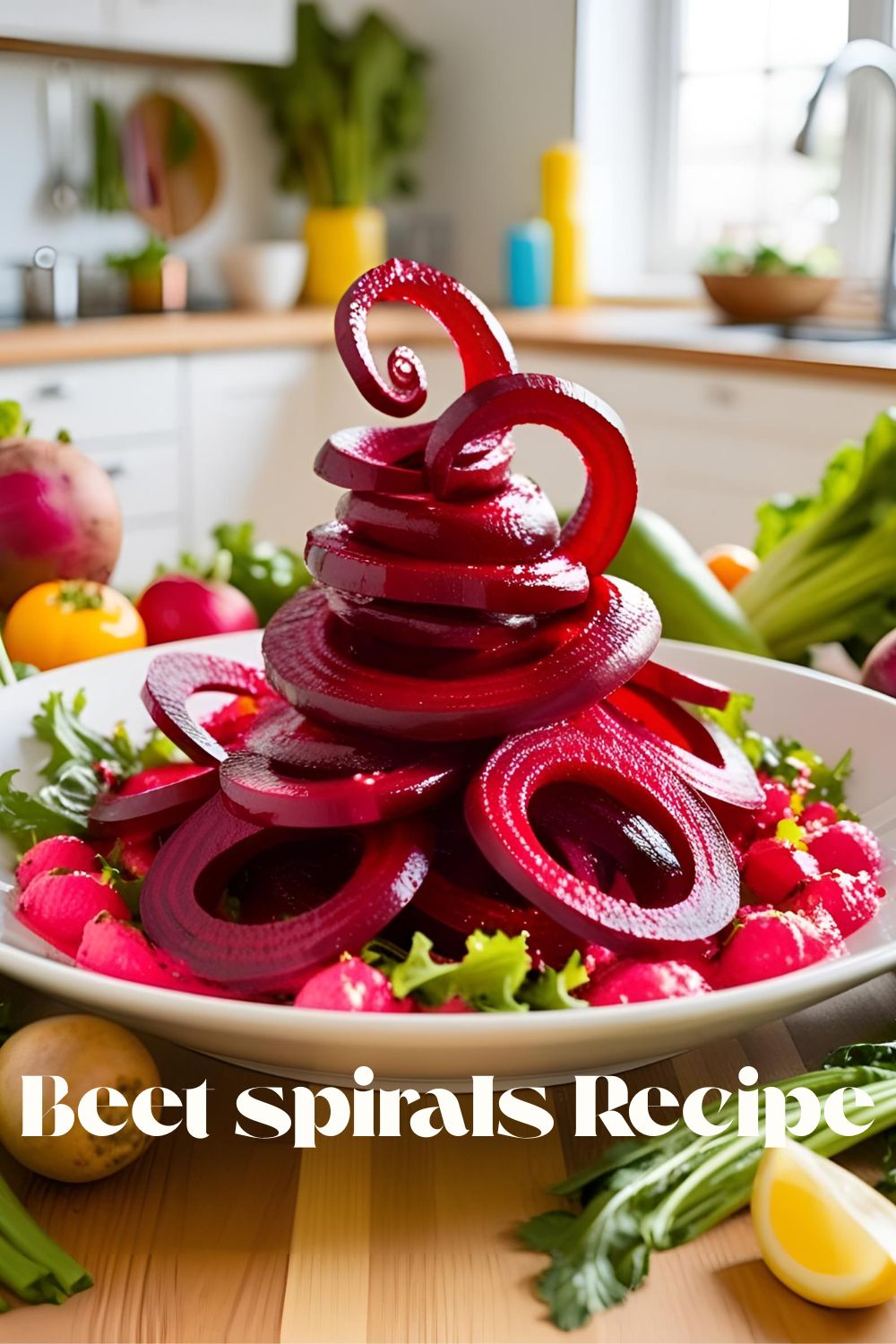 "Plate of vibrant beet spirals garnished with feta and herbs"