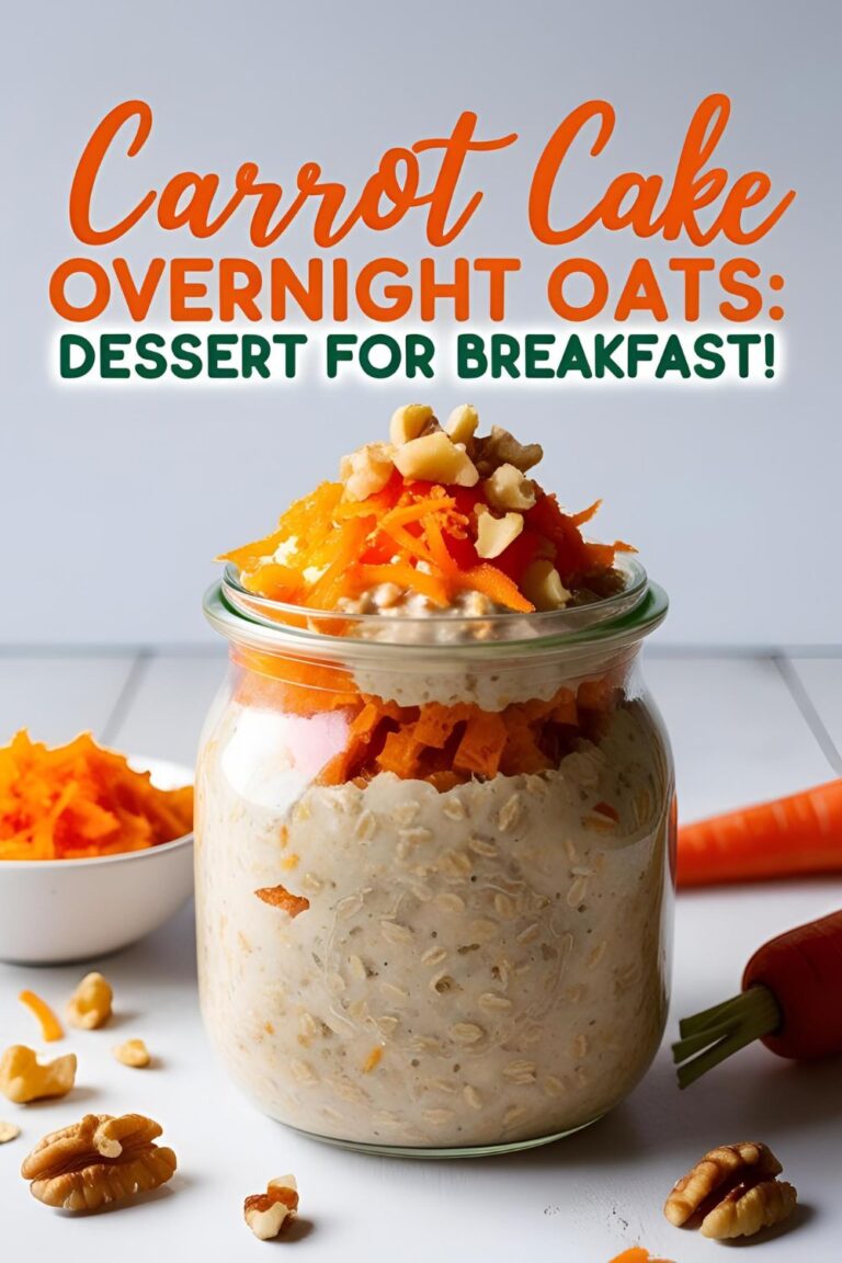 Glass of creamy A jar of carrot cake overnight oats topped with grated carrots and walnuts, set on a rustic wooden table.