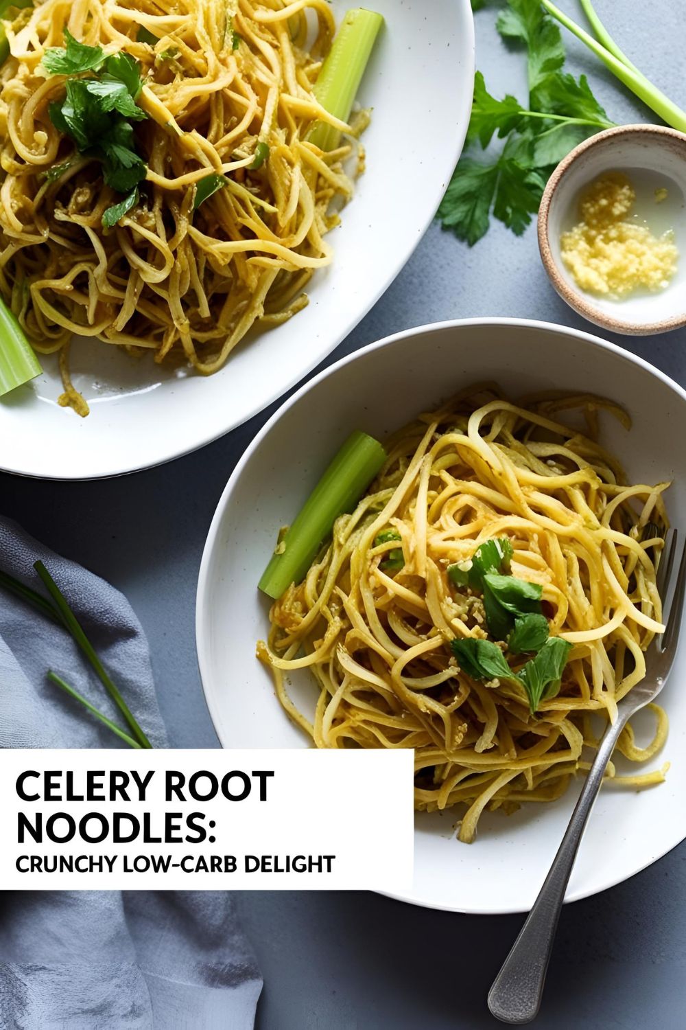 Close-up of garlic and smoked paprika celery root noodles garnished with parsley.