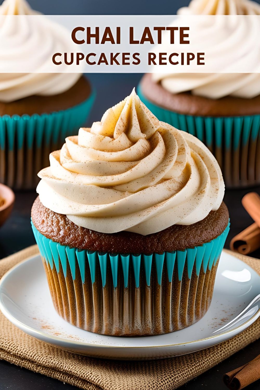 "Chai latte cupcakes with creamy frosting and cinnamon sprinkle."
