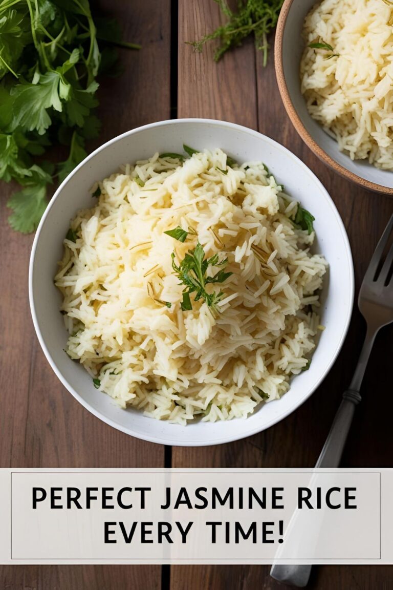 Perfectly cooked jasmine rice served in a bowl with herbs and a spoon on the side