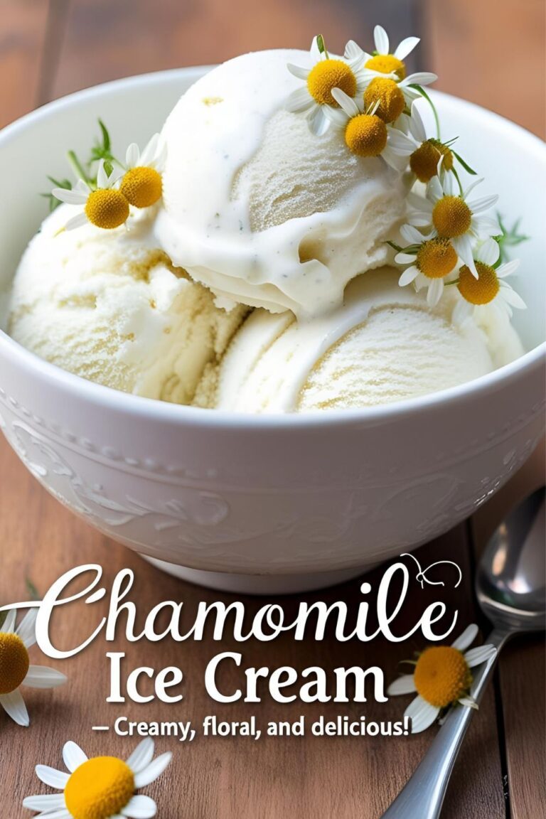 A bowl of homemade chamomile ice cream garnished with chamomile flowers, showcasing its creamy texture.