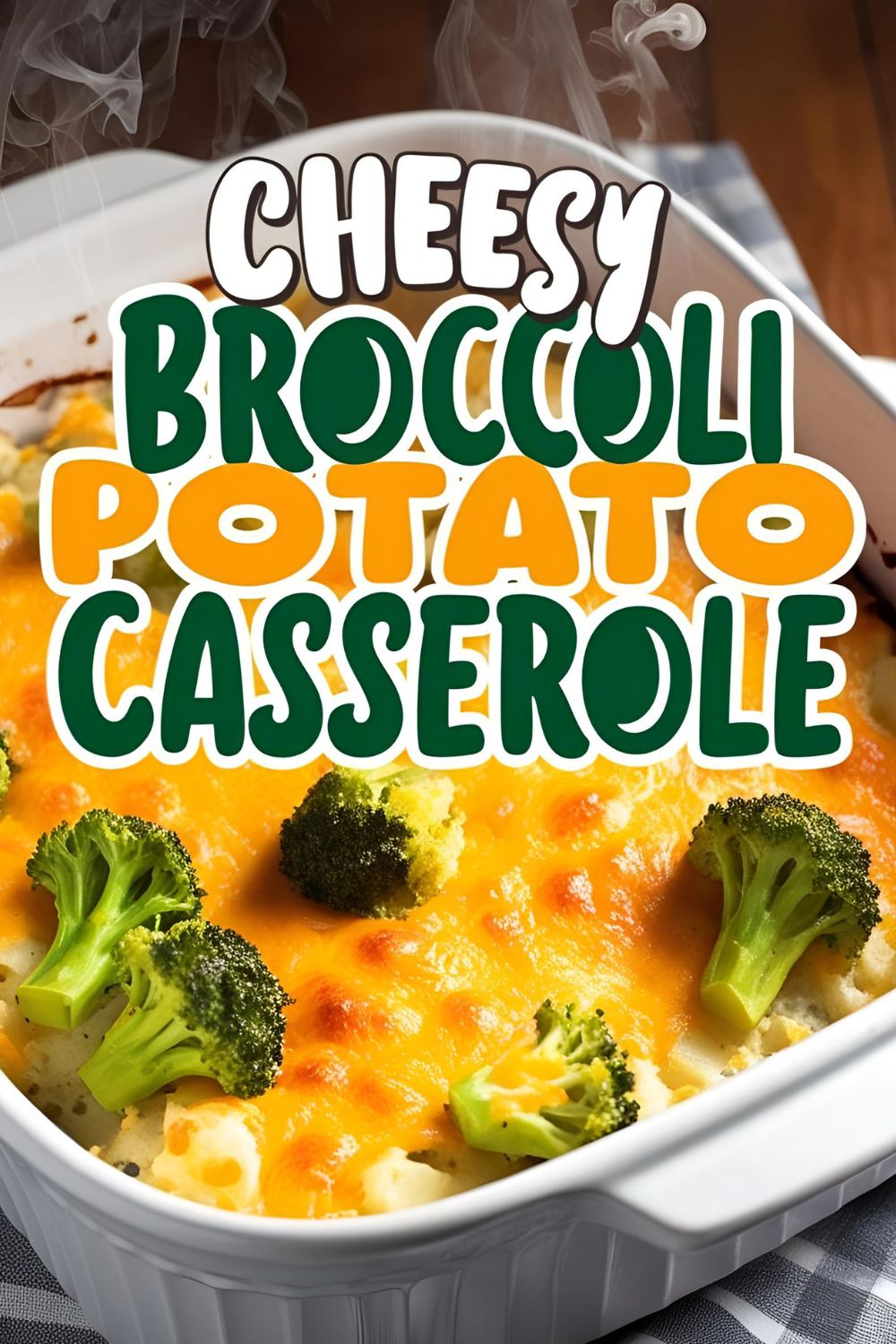 A golden-brown cheesy broccoli potato casserole fresh out of the oven, ready to serv