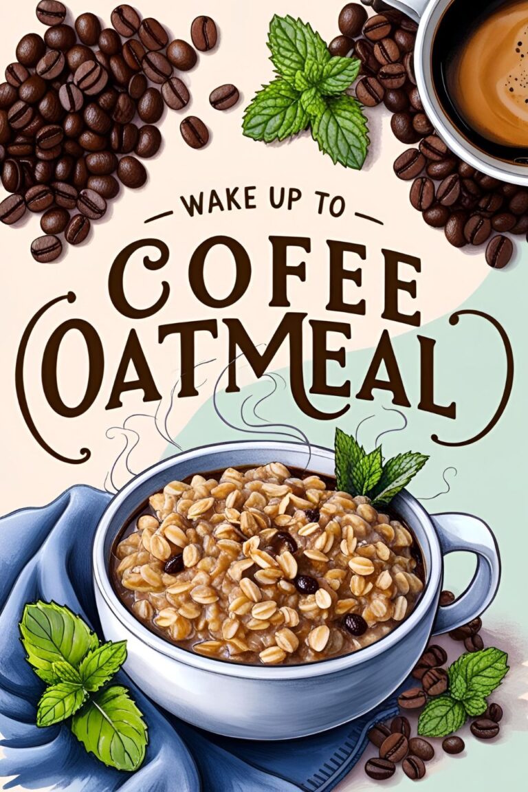 A bowl of creamy coffee oatmeal topped with banana slices and chia seeds.