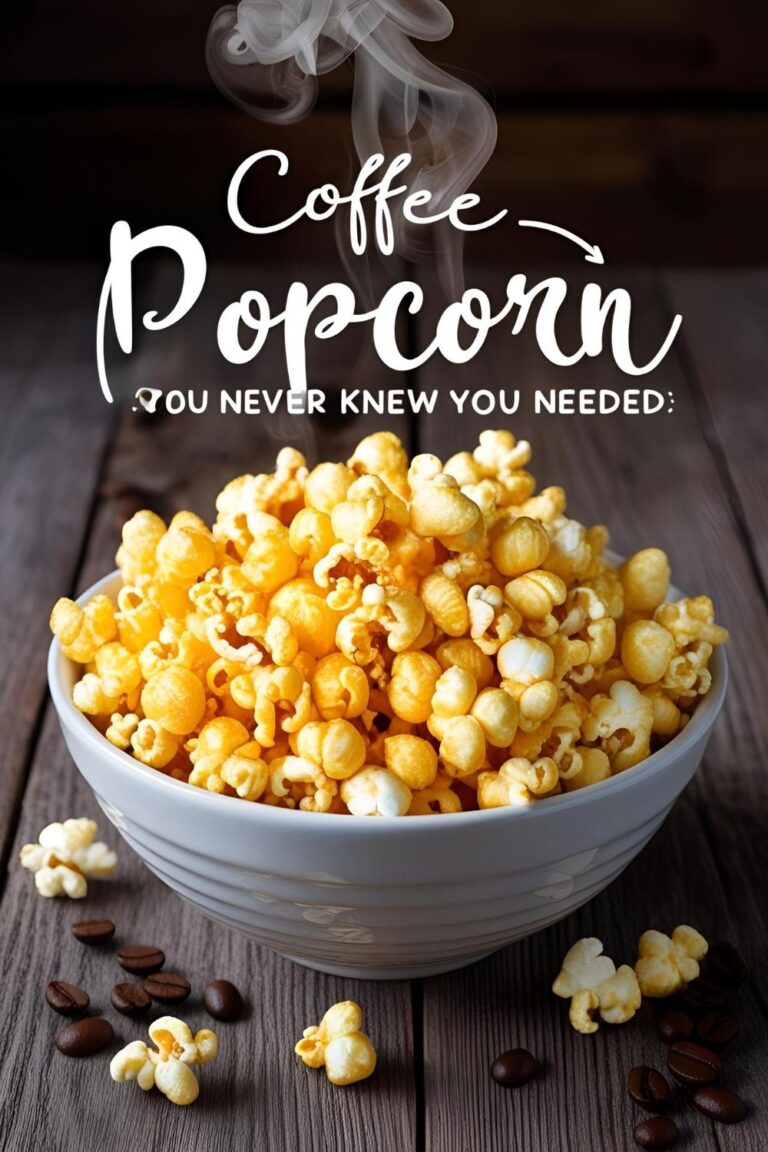 Bowl of sweet and salty coffee popcorn on a baking sheet with coffee mug nearby