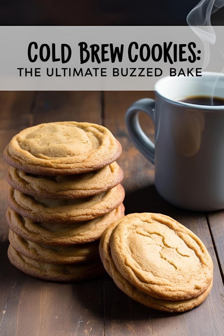 A stack of cold brew cookies with chocolate chips, accompanied by a cup of coffee.