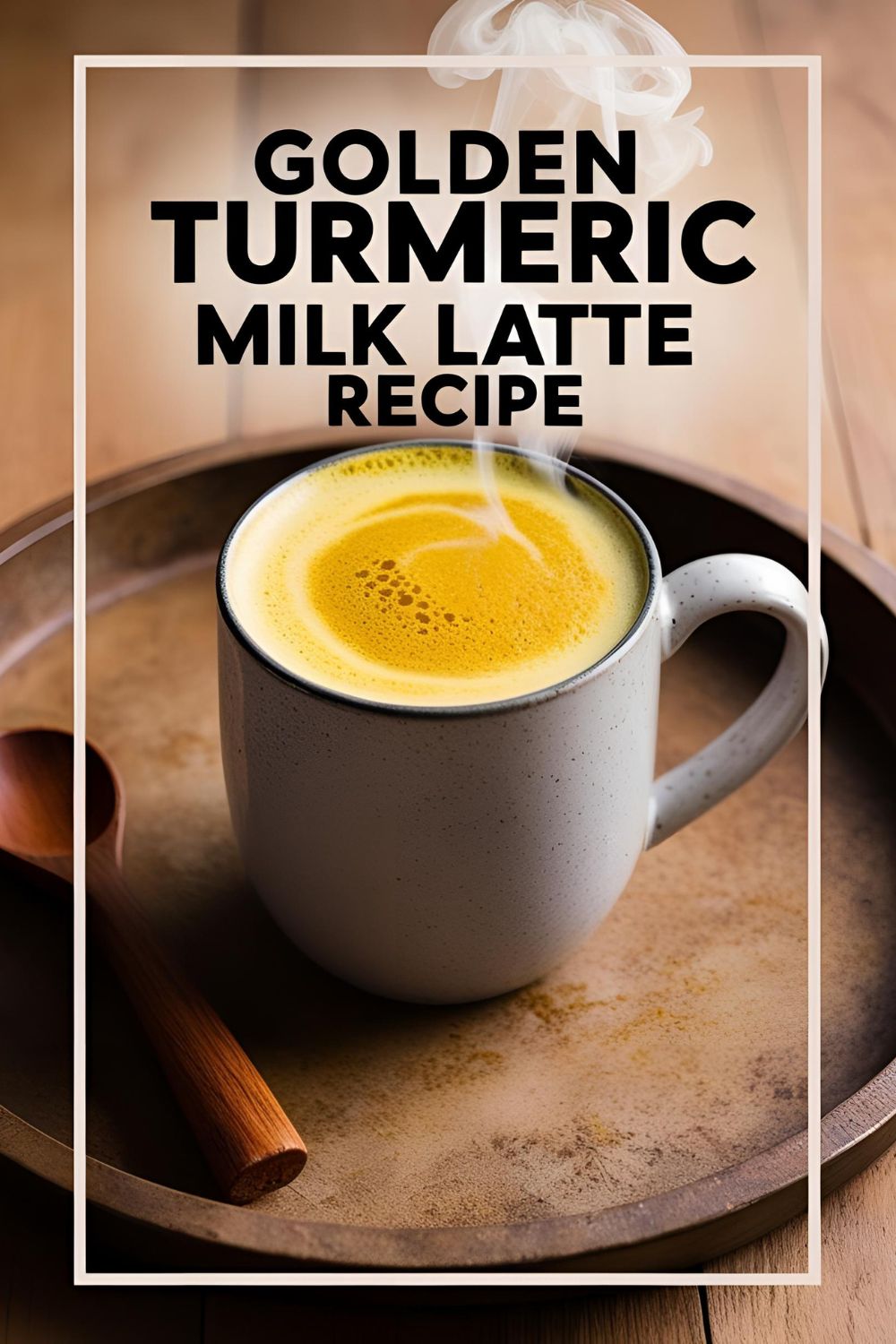 A steaming cup of golden turmeric milk latte with warm spices and creamy froth on a wooden table