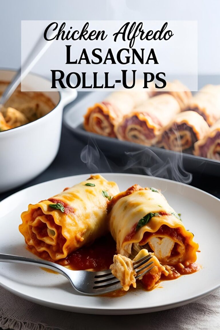 A plate of creamy Chicken Alfredo Lasagna Roll-Ups garnished with fresh parsley.