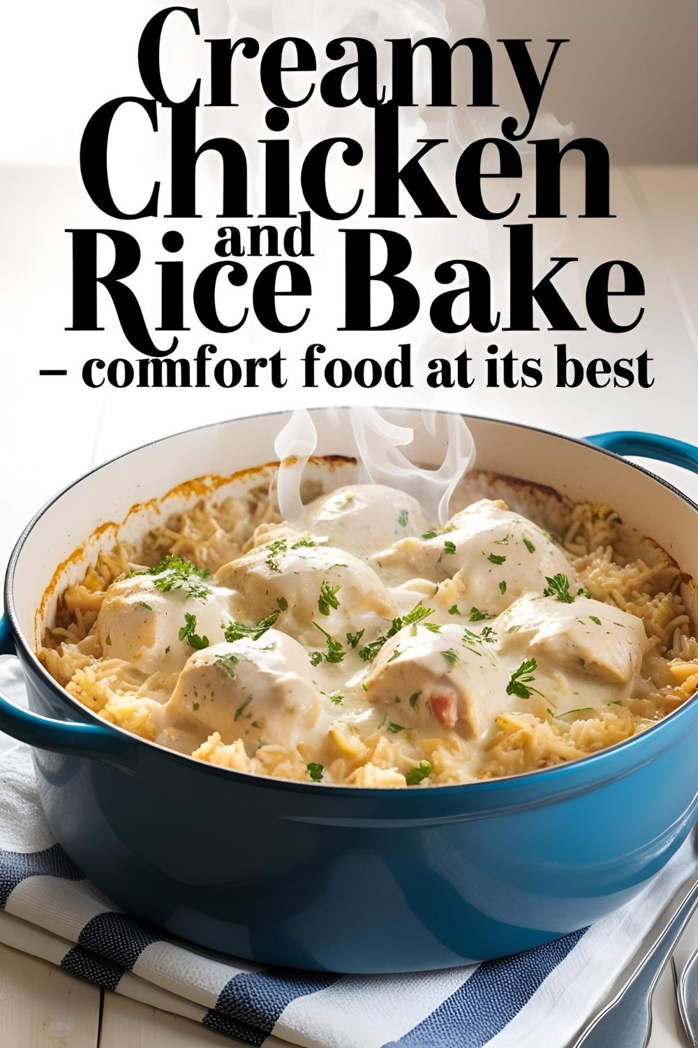 A hearty serving of creamy chicken and rice bake in a white casserole dish, garnished with fresh herbs.