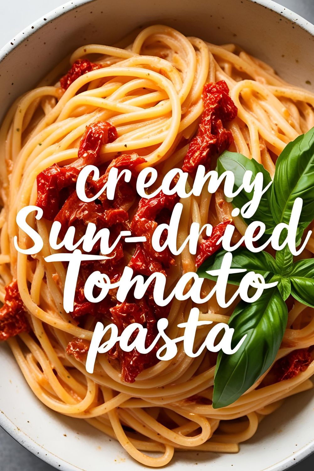 A bowl of creamy sun-dried tomato pasta garnished with fresh basil.