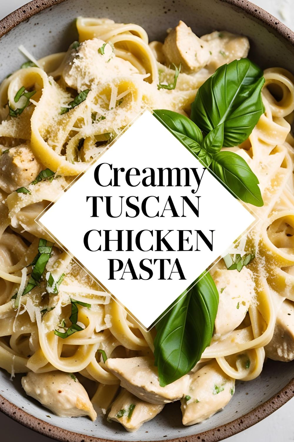 A bowl of creamy Tuscan chicken pasta garnished with fresh basil and Parmesan cheese.
