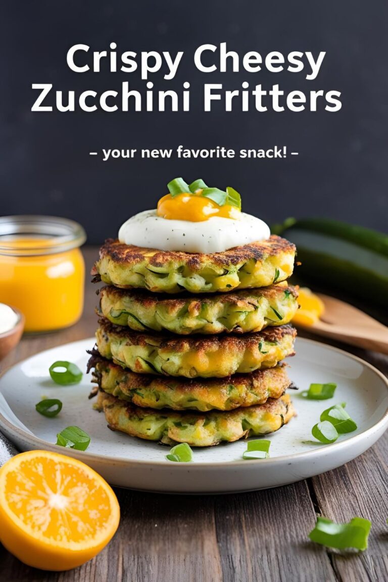 Stack of crispy cheesy zucchini fritters served with dipping sauce.