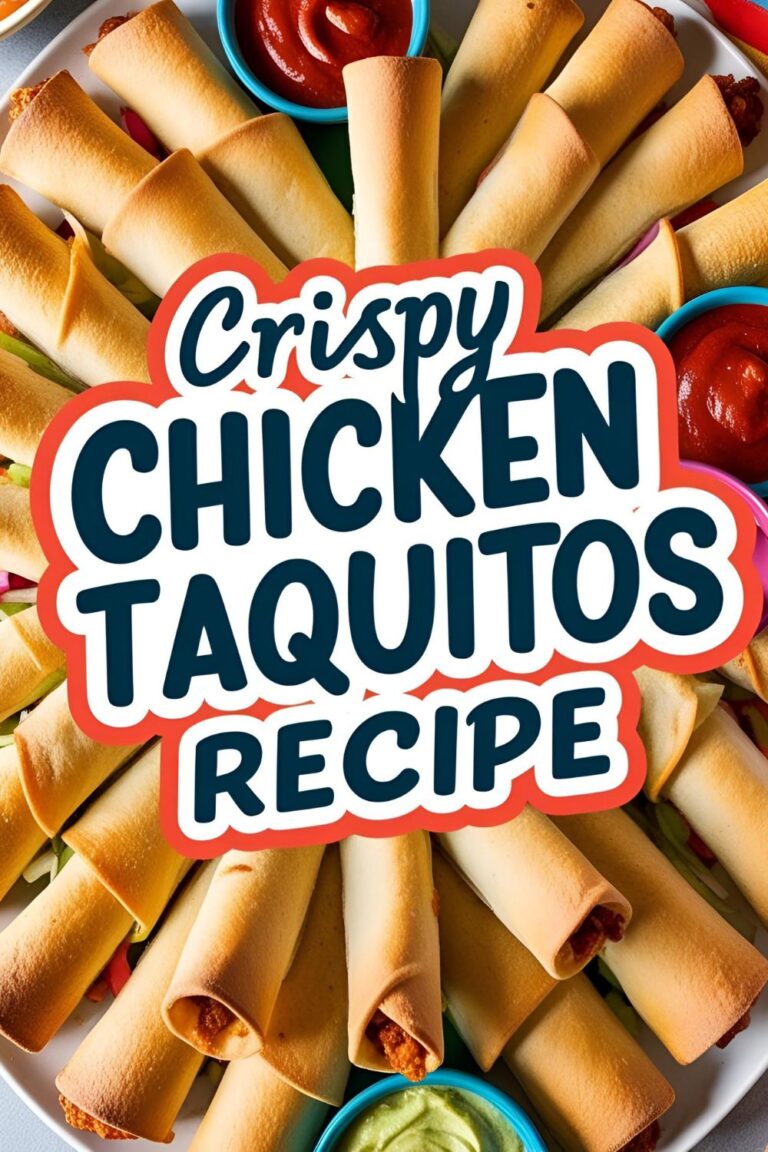 A plate of golden-brown crispy chicken taquitos served with guacamole and salsa.