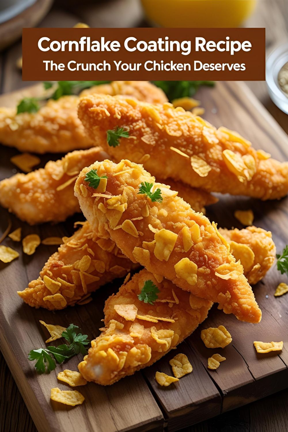 Golden, crispy chicken tenders coated in cornflakes, served on a rustic plate