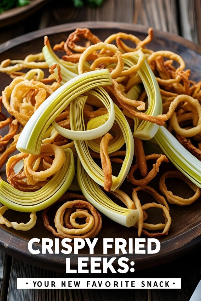 Golden crispy fried leeks served on a rustic plate.