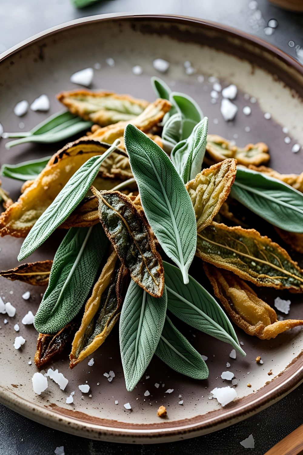 Close-up of crispy fried sage leaves on a rustic plate