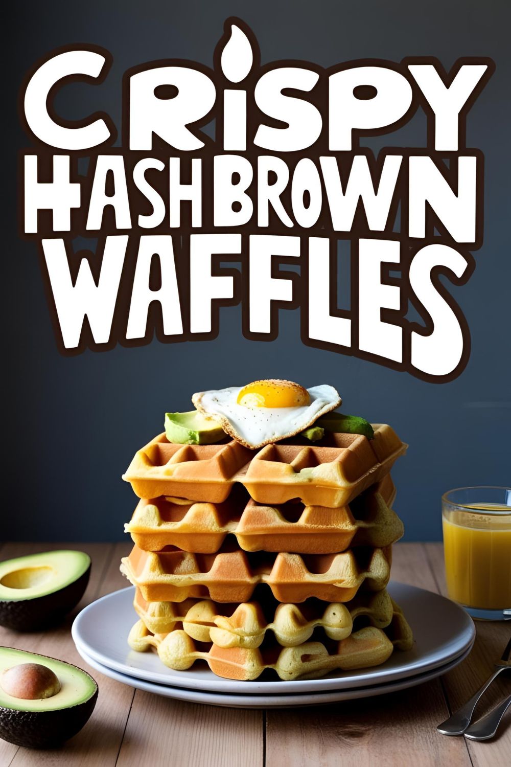 A stack of crispy hash brown waffles topped with a fried egg and garnished with green onions.