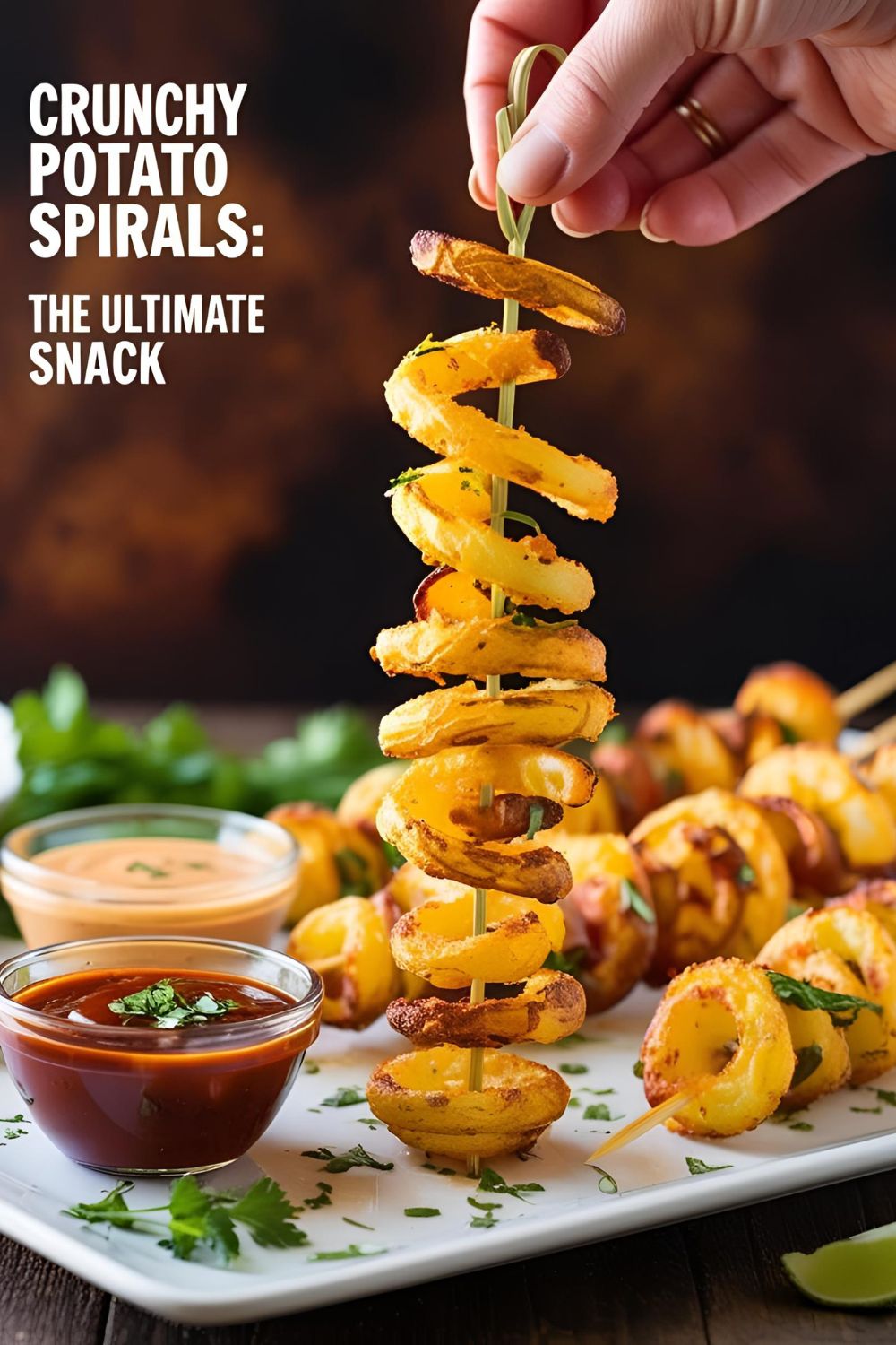 "Golden potato spirals on skewers, seasoned with herbs and spices."