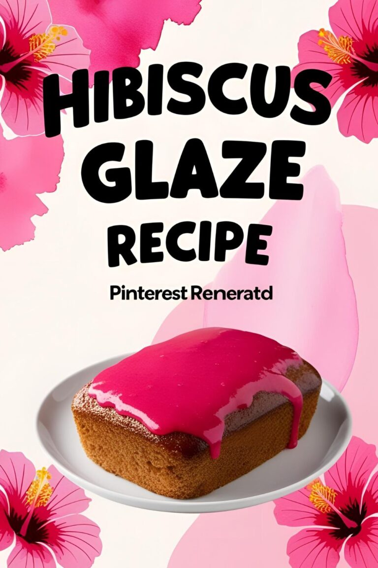 A stylish pink graphic design with the words “hibiscus glaze” in bold lettering on a floral background.