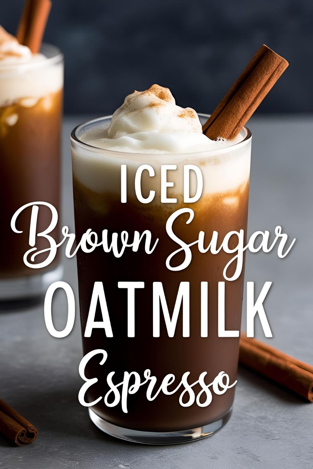 A glass of homemade Iced Brown Sugar Oatmilk Shaken Espresso with a cinnamon stick garnish.