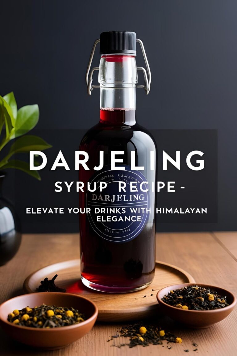 Glass bottle of Darjeeling syrup with tea leaves and lemon slices.