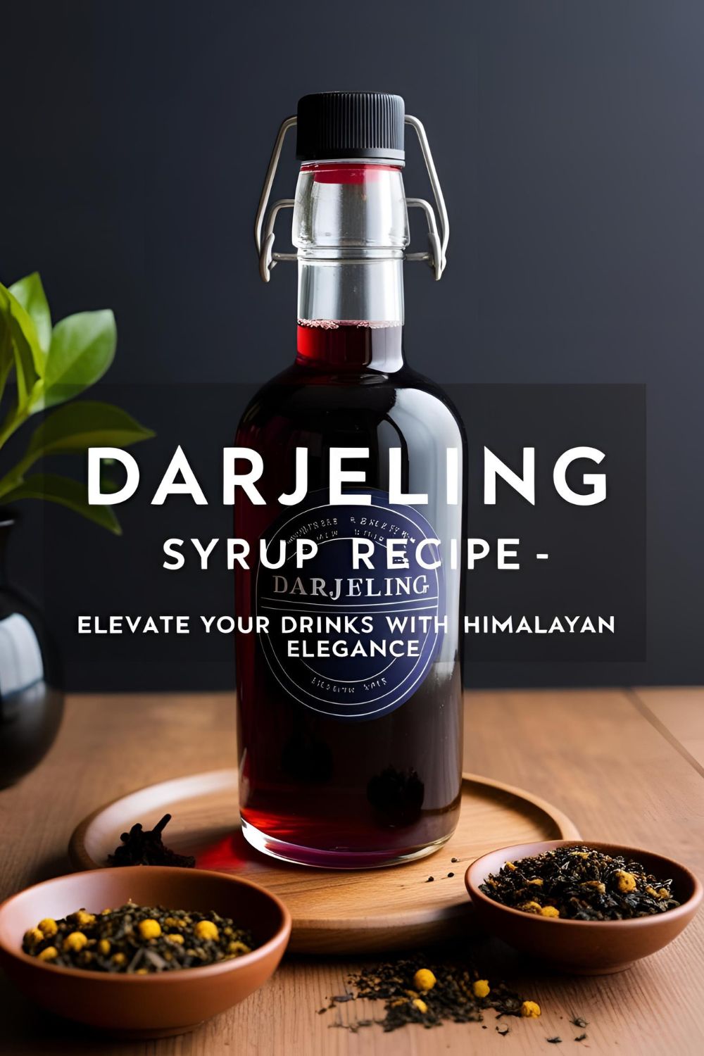 Glass bottle of Darjeeling syrup with tea leaves and lemon slices.