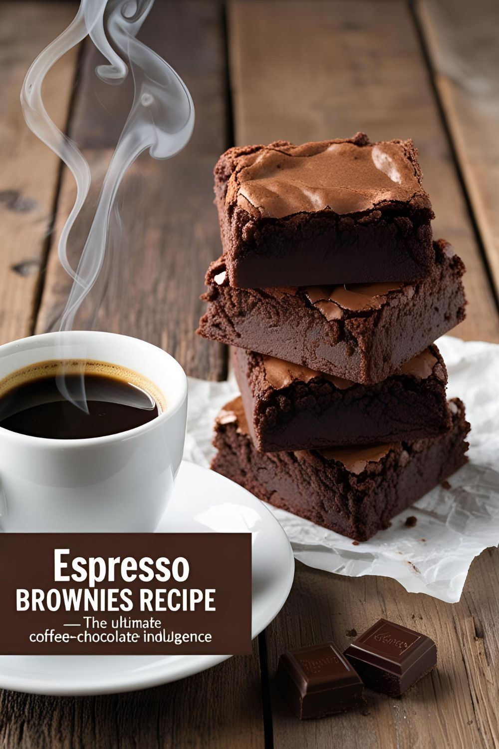 "Stack of rich espresso brownies with a cup of coffee in the background."