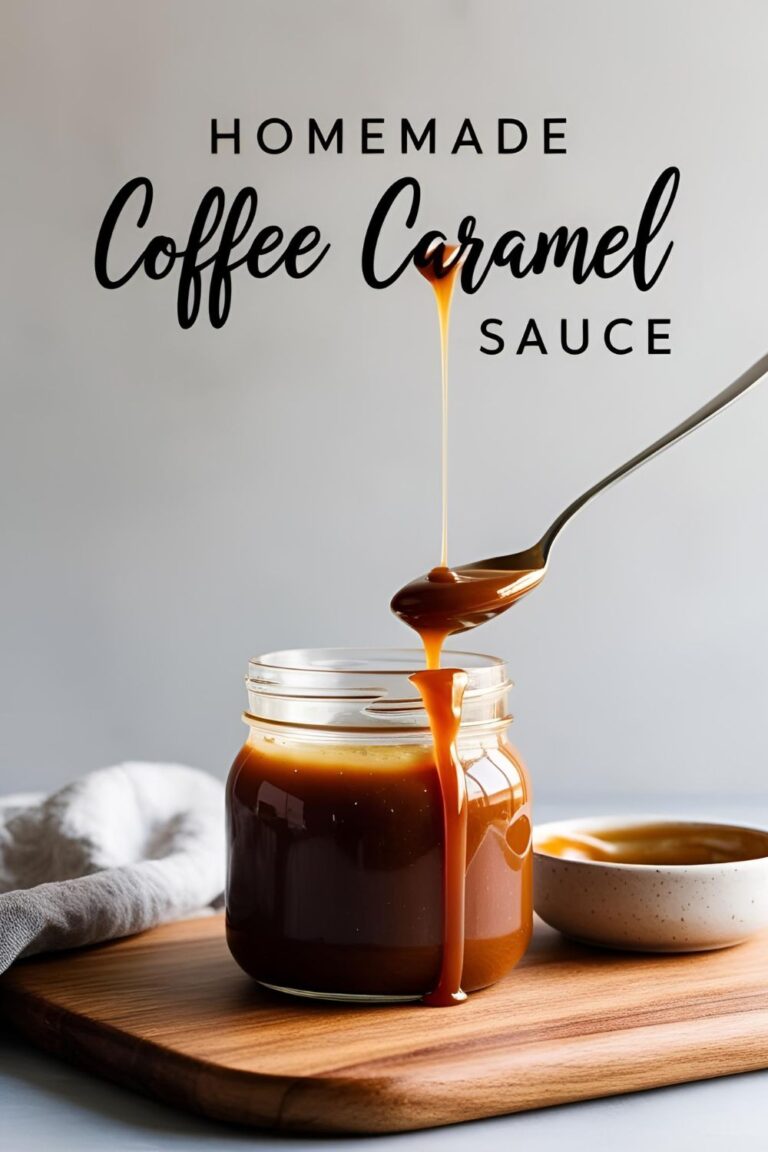 A jar of homemade coffee caramel sauce with a spoon dripping caramel.