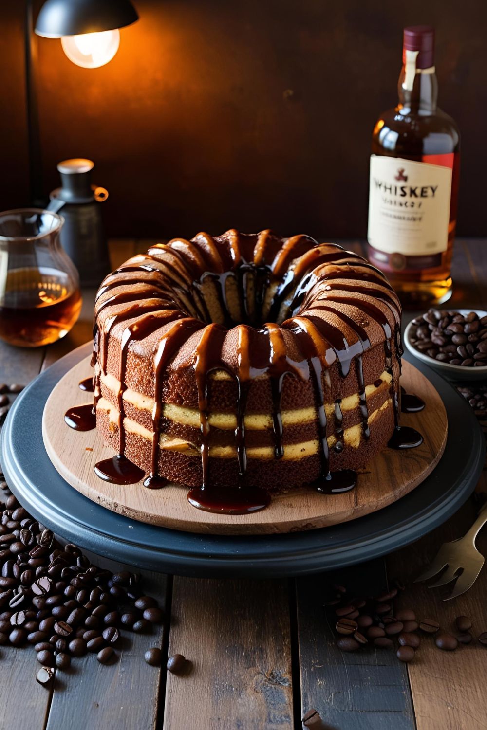 A slice of Irish coffee cake on a plate with a cup of coffee.