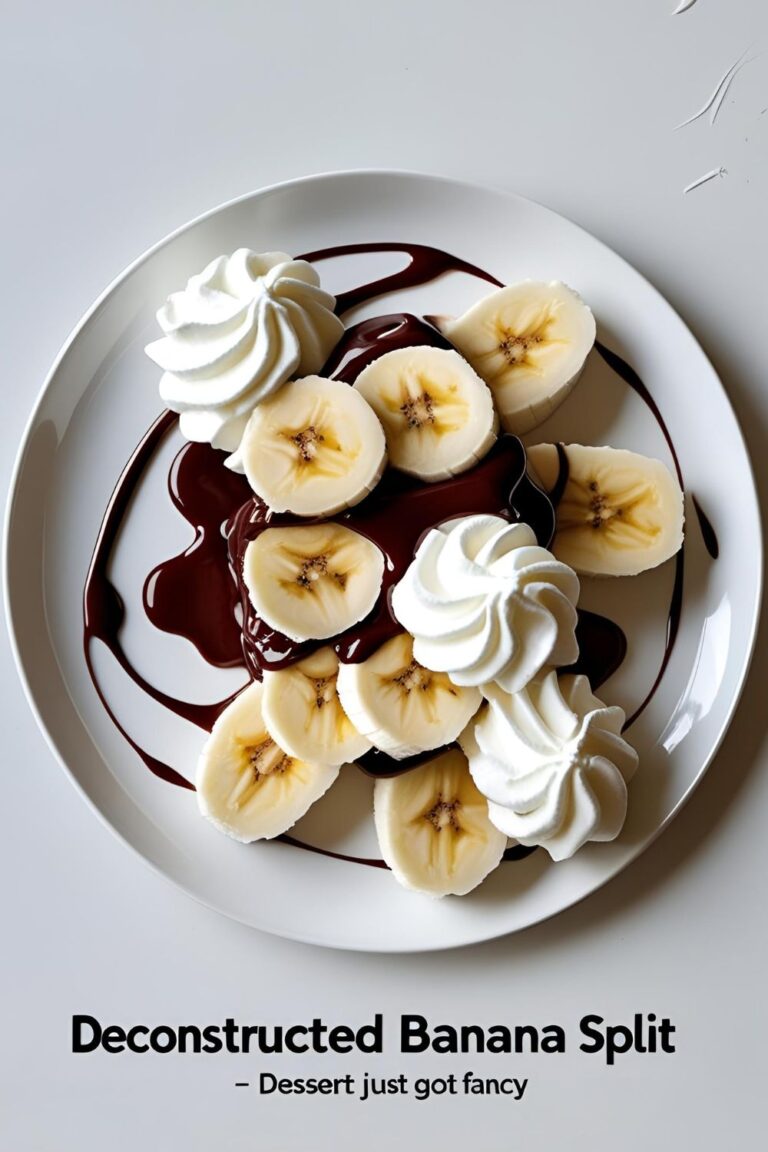 Deconstructed banana split dessert plated with whipped cream, fudge, and cherries in a modern, fancy style.