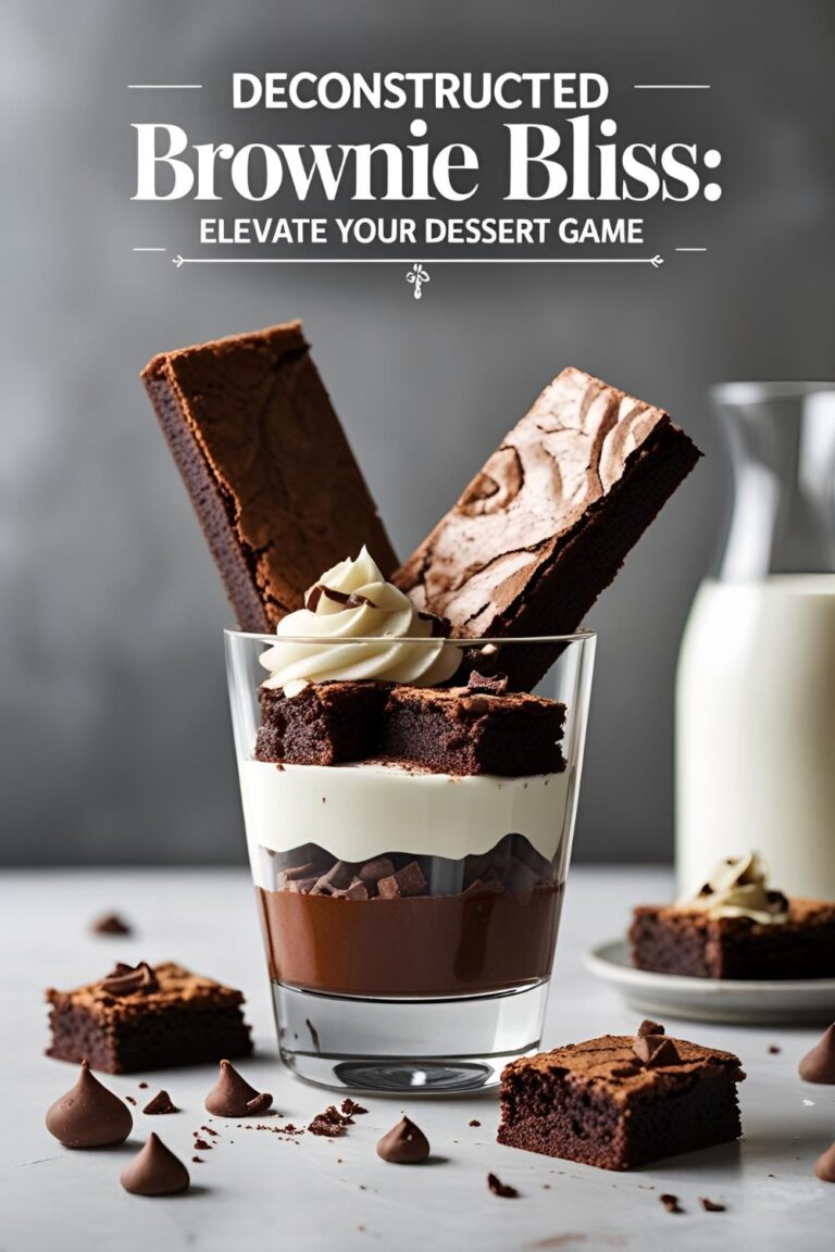 A beautifully assembled deconstructed brownie in a glass, showcasing layers of chocolate brownie and white chocolate cream.