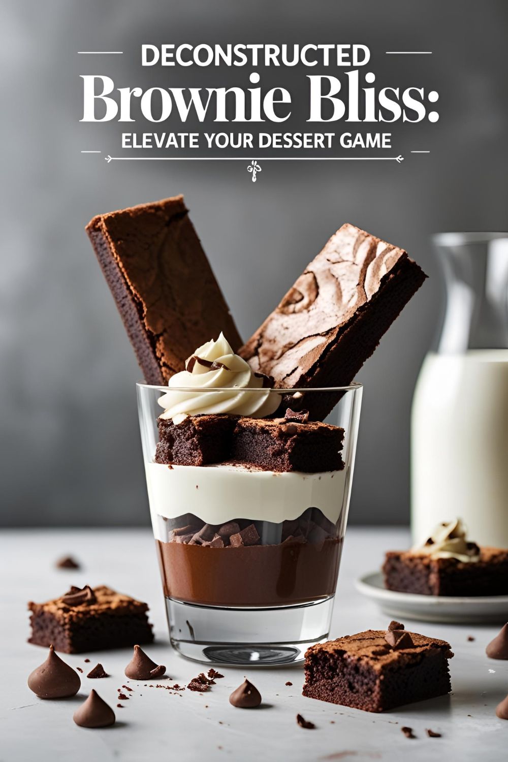 A beautifully assembled deconstructed brownie in a glass, showcasing layers of chocolate brownie and white chocolate cream.