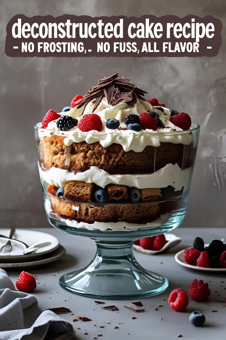 Layered deconstructed cake in a trifle bowl with whipped cream, fruit, and toppings