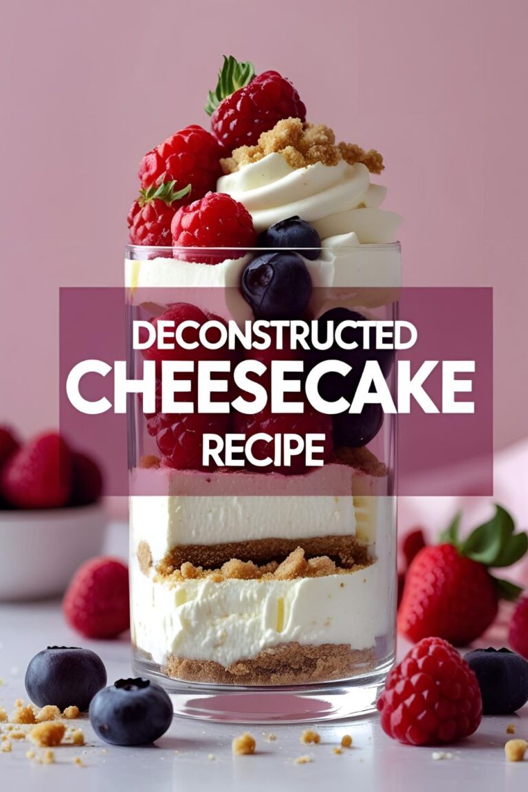 No-bake deconstructed cheesecake served in elegant glasses with cream, crumbs, and berries