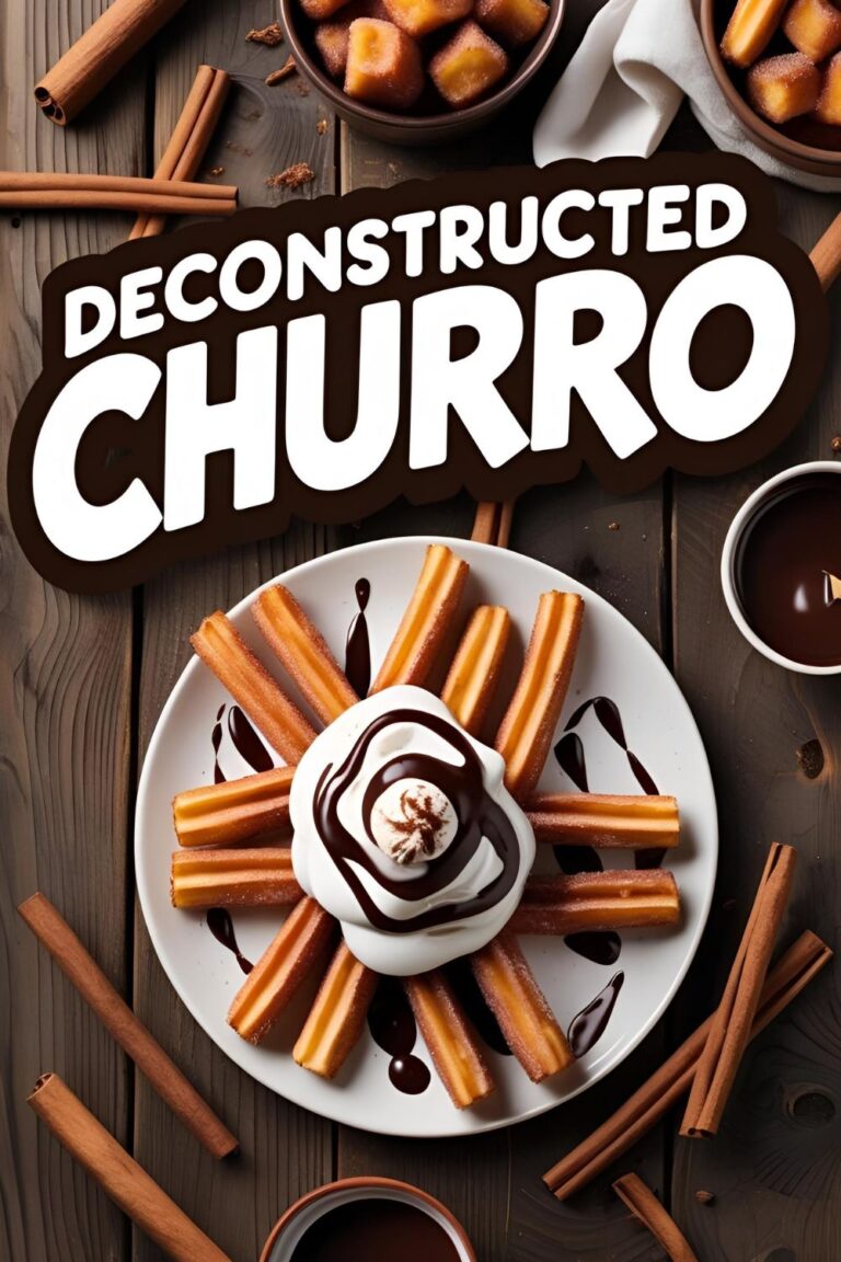 Deconstructed churro served with chocolate sauce and fresh berries.