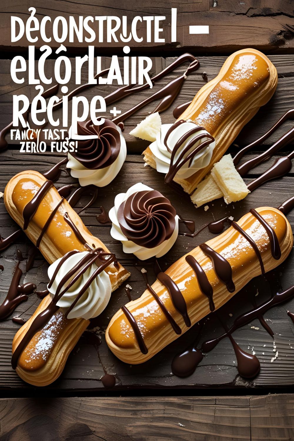 Close-up of a deconstructed éclair layered with ganache and cream on a plate.