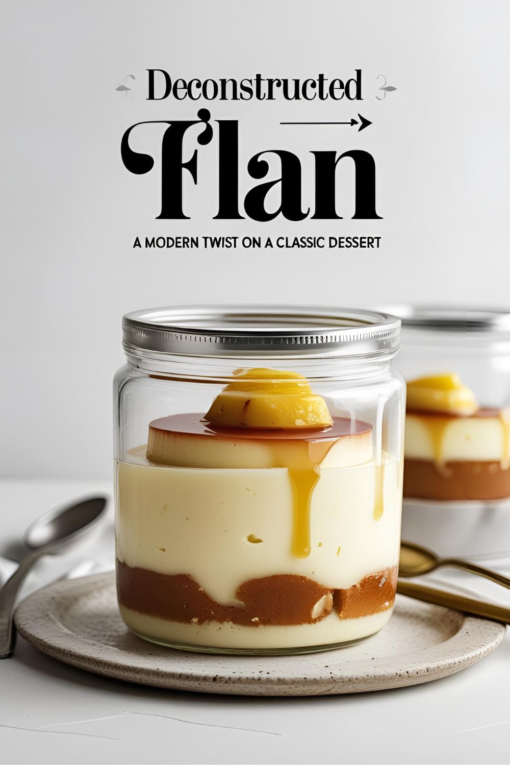 A glass jar filled with creamy deconstructed flan topped with caramel sauce