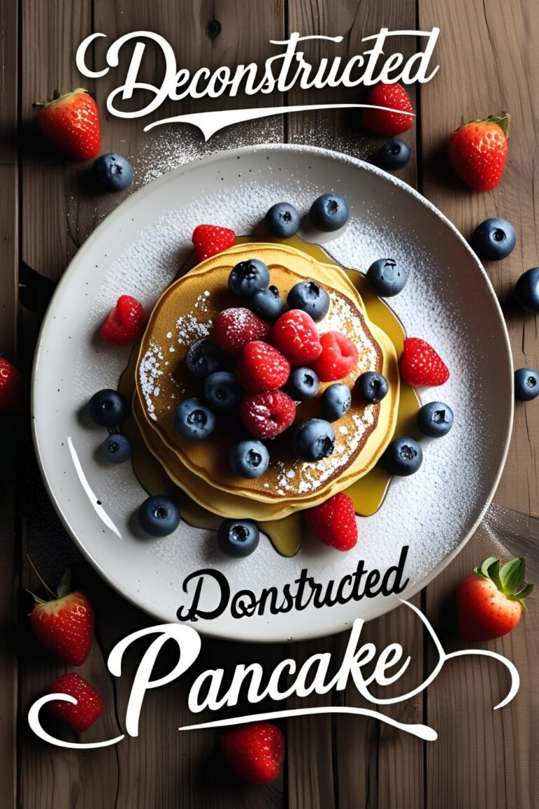 Deconstructed pancake served with fresh berries and powdered sugar.