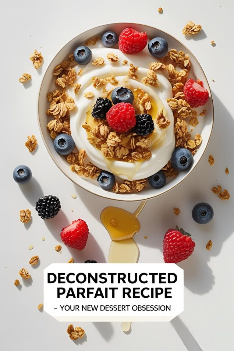 Overhead image of a colorful deconstructed parfait with yogurt, berries, and granola beautifully arranged on a plate.