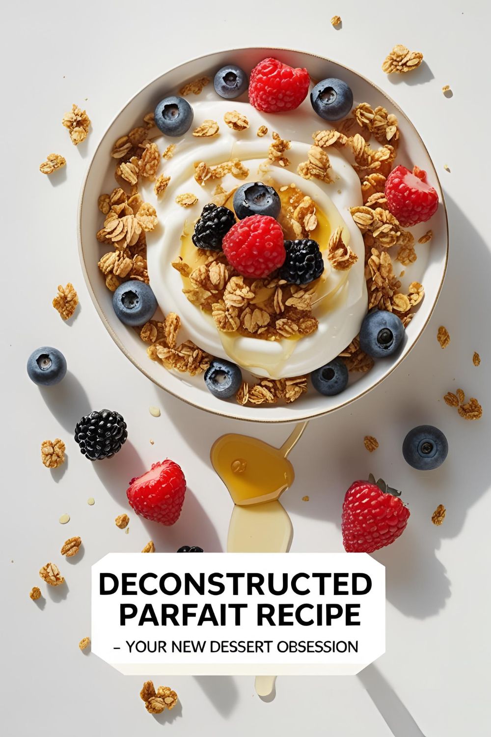 Overhead image of a colorful deconstructed parfait with yogurt, berries, and granola beautifully arranged on a plate.