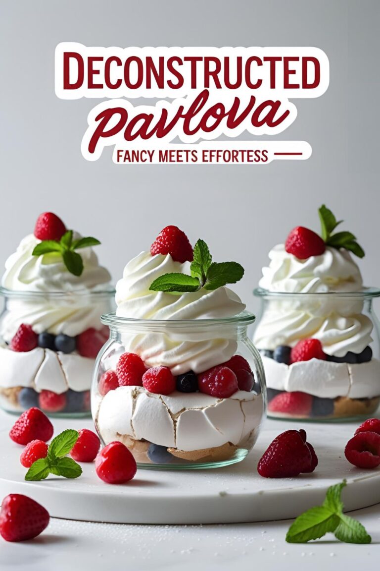 Layered Deconstructed Pavlova dessert in a glass jar with cream, berries, and mint