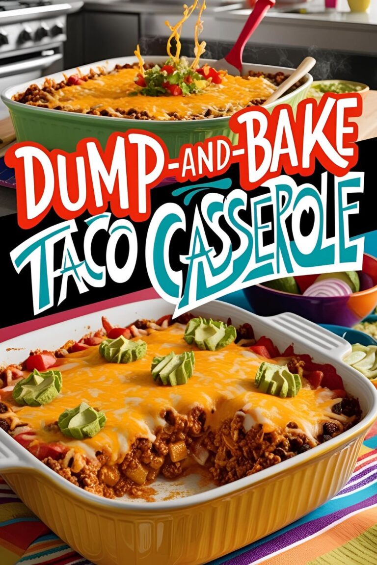 A cheesy Dump-and-Bake Taco Casserole fresh out of the oven, garnished with sour cream and green onions.