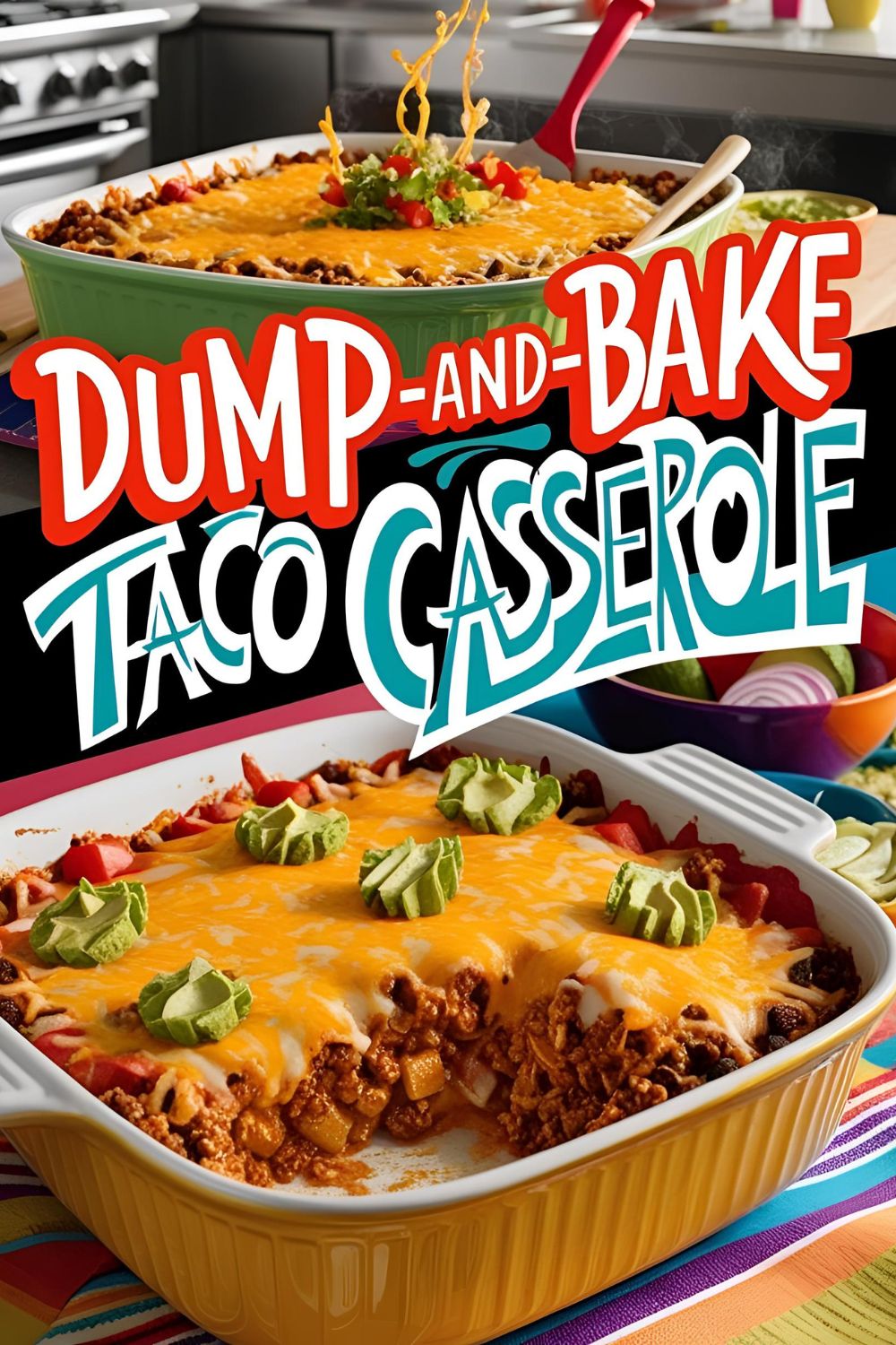 A cheesy Dump-and-Bake Taco Casserole fresh out of the oven, garnished with sour cream and green onions.