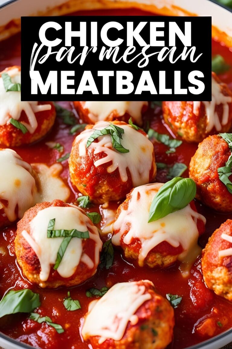 Close-up of Chicken Parmesan Meatballs topped with melted cheese and fresh basil.