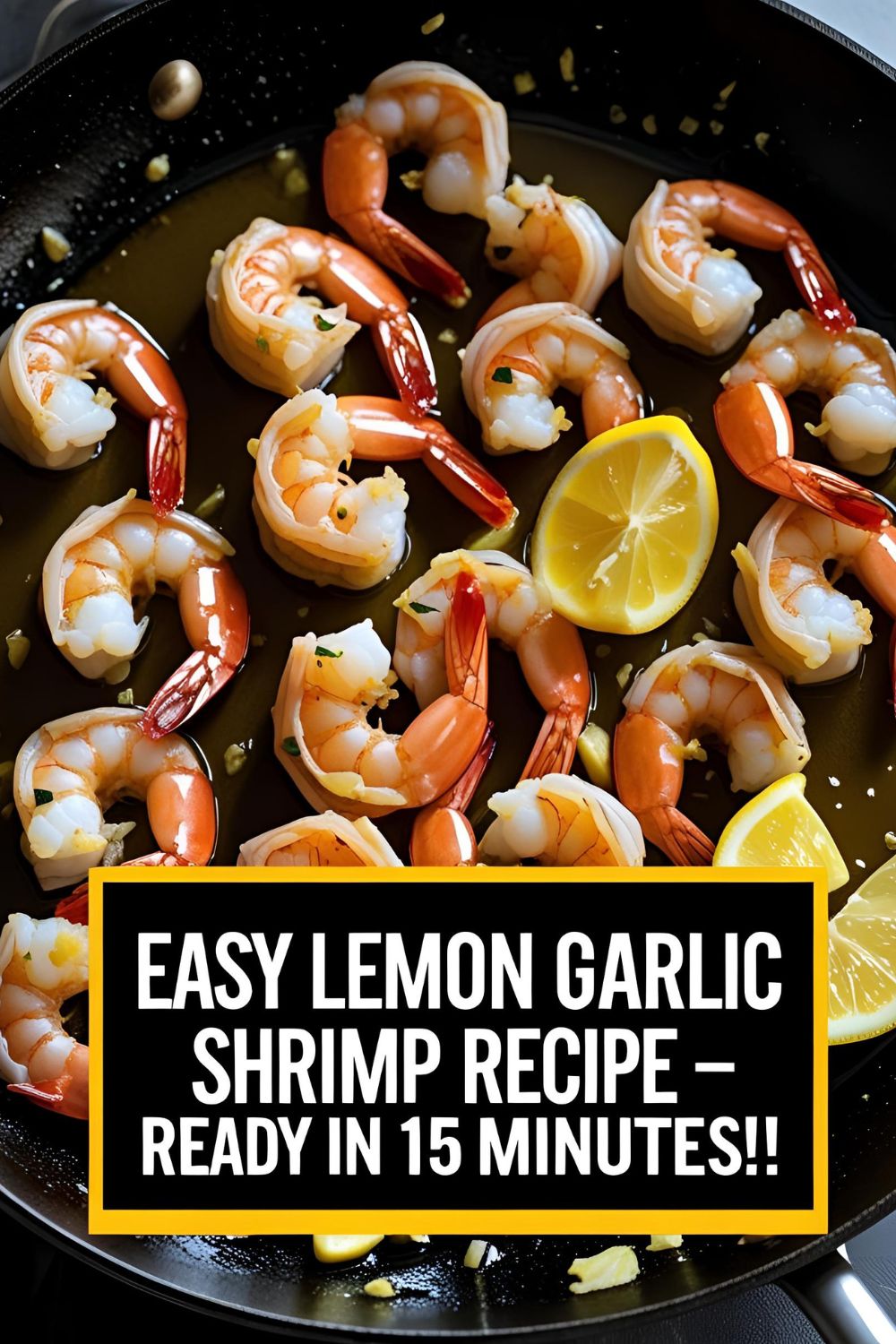 A plate of lemon garlic shrimp garnished with parsley, served with lemon wedges.