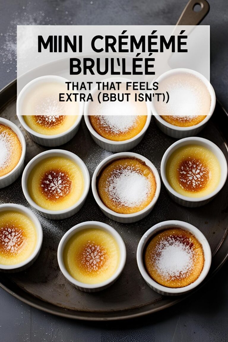 A creamy and caramelized mini crème brûlée dessert in a white ramekin, garnished with fresh berries